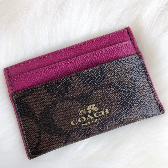 Coach NWT Signature Print and Fuchsia Card Holder - Picture 1 of 4